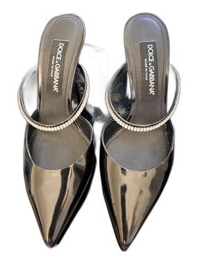 Dolce & Gabbana Black Patent Leather Pointed Mules Crystal Strap